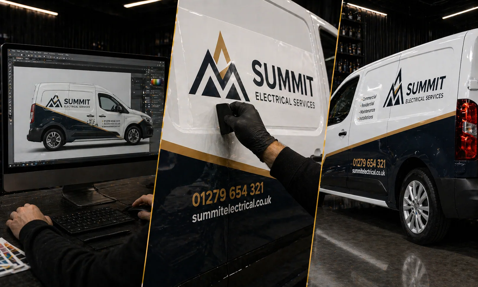 Three-panel collage showing van graphics designed on a computer, applied by hand, and finished on a white service van